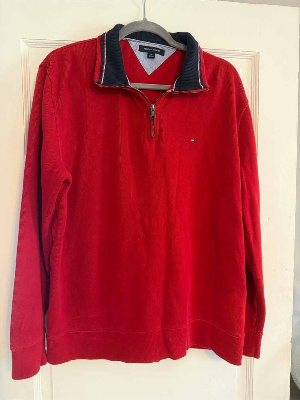Tommy Hilfiger Red Zip-Up Quarter Collar Sweater with Navy Trim